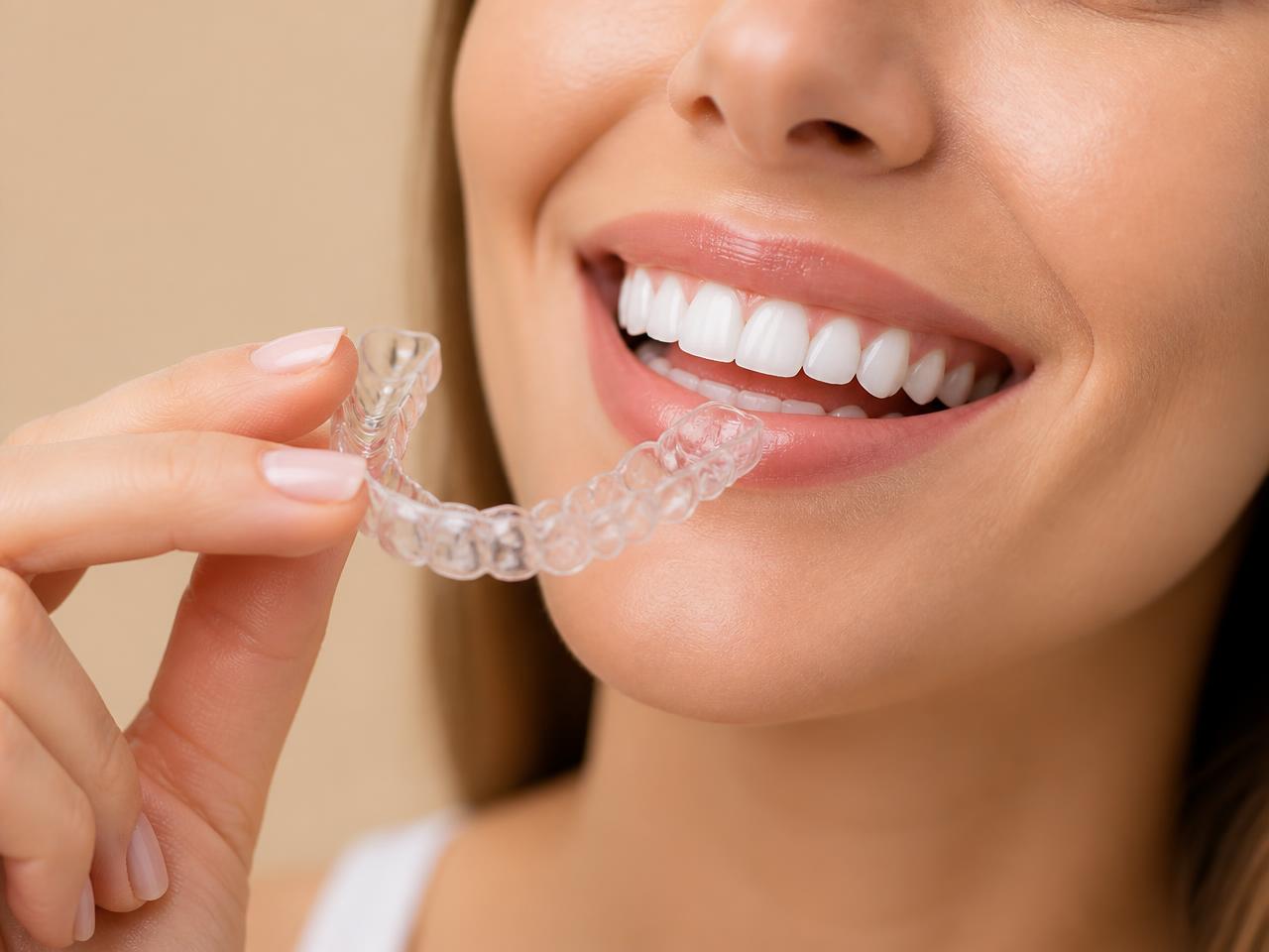 Paciente segurando alinhador transparente próximo ao sorriso